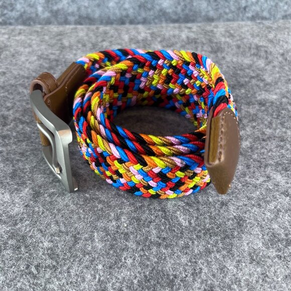 Woven Rainbow Multicolor Elastic Braided Belt Silver Buckle Brown Leather Trim - Picture 3 of 13